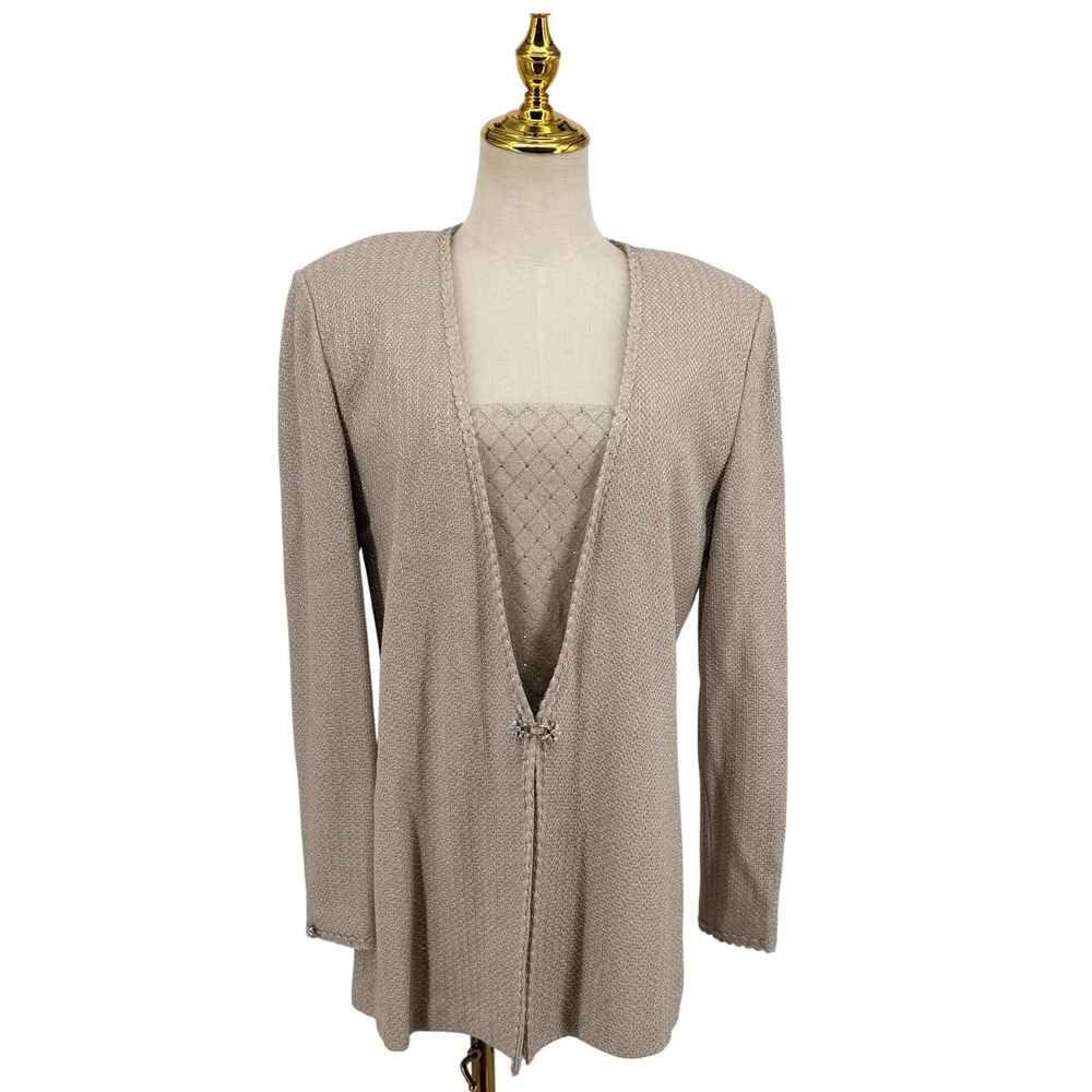St. John Evening Cardigan Set Womens 10 Beige Knit Rhinestone Embellished